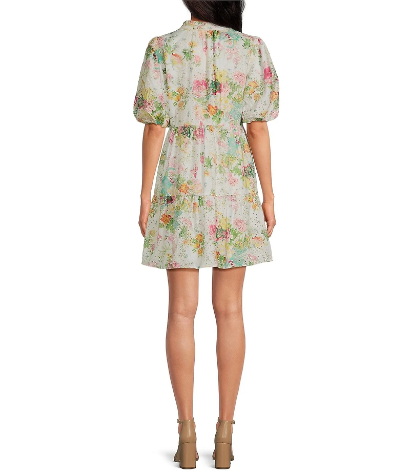 Sugarlips Floral Print Eyelet Short Puff Sleeve Mini Dress