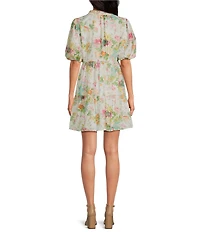 Sugarlips Floral Print Eyelet Short Puff Sleeve Mini Dress