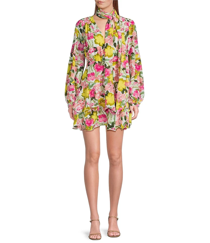 Sugarlips Floral Print Kery V-Neck Long Sleeve Tiered Mini Dress