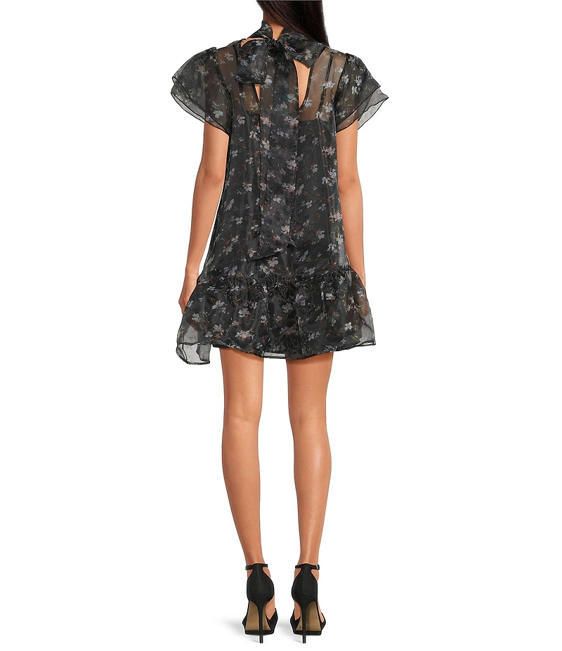 Sugarlips Floral Printed Organza Mock Neck Double Ruffle Short Sleeve Mini Dress