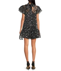 Sugarlips Floral Printed Organza Mock Neck Double Ruffle Short Sleeve Mini Dress