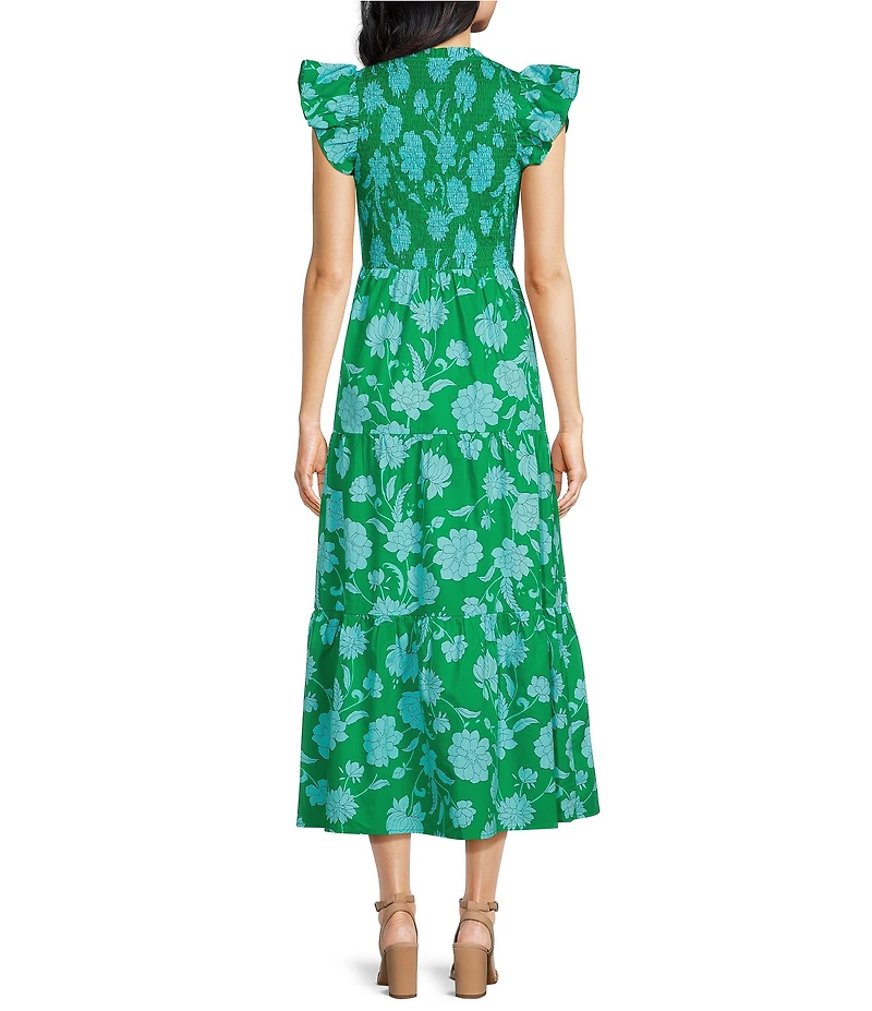 Sugarlips Floral Sunfire Print Smocked V-Neck Sleeveless Tiered A-Line Midi Dress