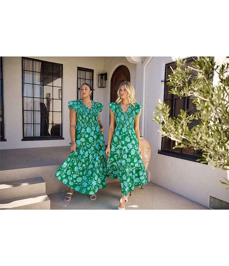 Sugarlips Floral Sunfire Print Smocked V-Neck Sleeveless Tiered A-Line Midi Dress