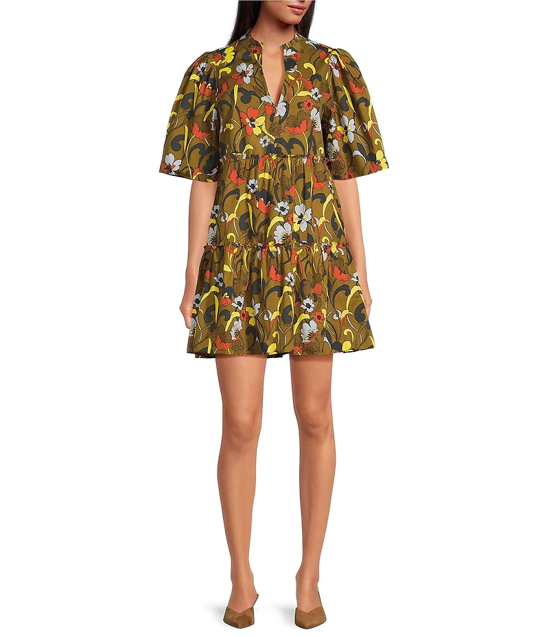 Sugarlips Folk Floral Dixie Printed Split V-Neck Short Sleeve Shift Dress