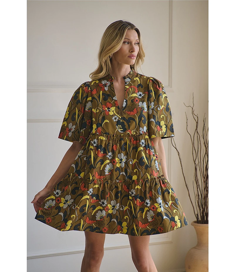 Sugarlips Folk Floral Dixie Printed Split V-Neck Short Sleeve Shift Dress