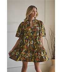 Sugarlips Folk Floral Dixie Printed Split V-Neck Short Sleeve Shift Dress