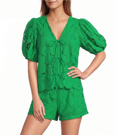 Sugarlips Friona Eyelet V-Neck Short Bubble Sleeve Coordinating Top