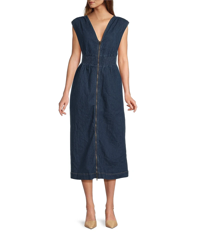 Sugarlips Gabriella Lula Stretch Denim V-Neck Sleeveless Smocked Midi Dress