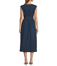Sugarlips Gabriella Lula Stretch Denim V-Neck Sleeveless Smocked Midi Dress