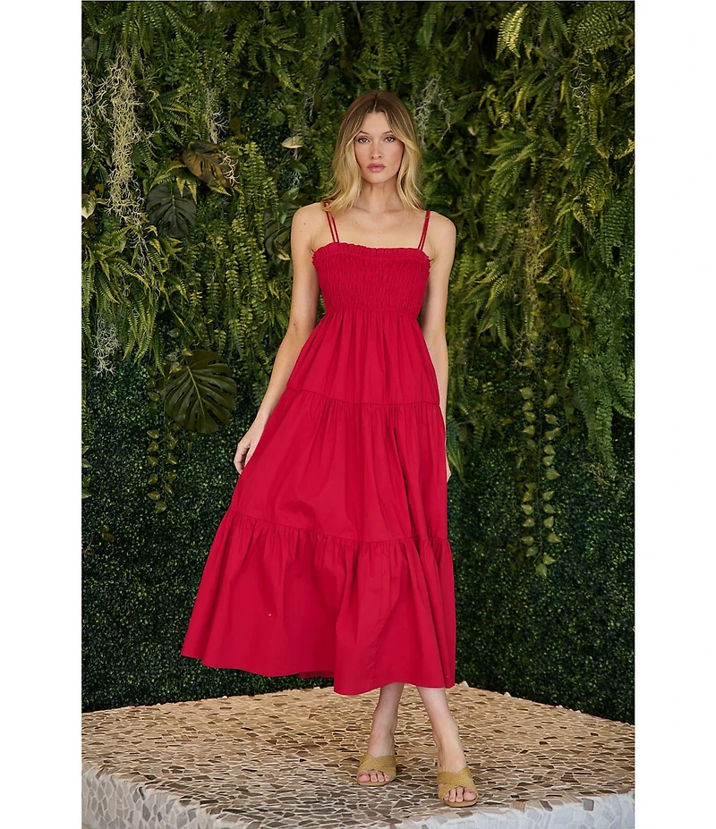Sugarlips Gennie Smocked Square Neck Sleeveless Tiered Fit and Fare Midi Dress