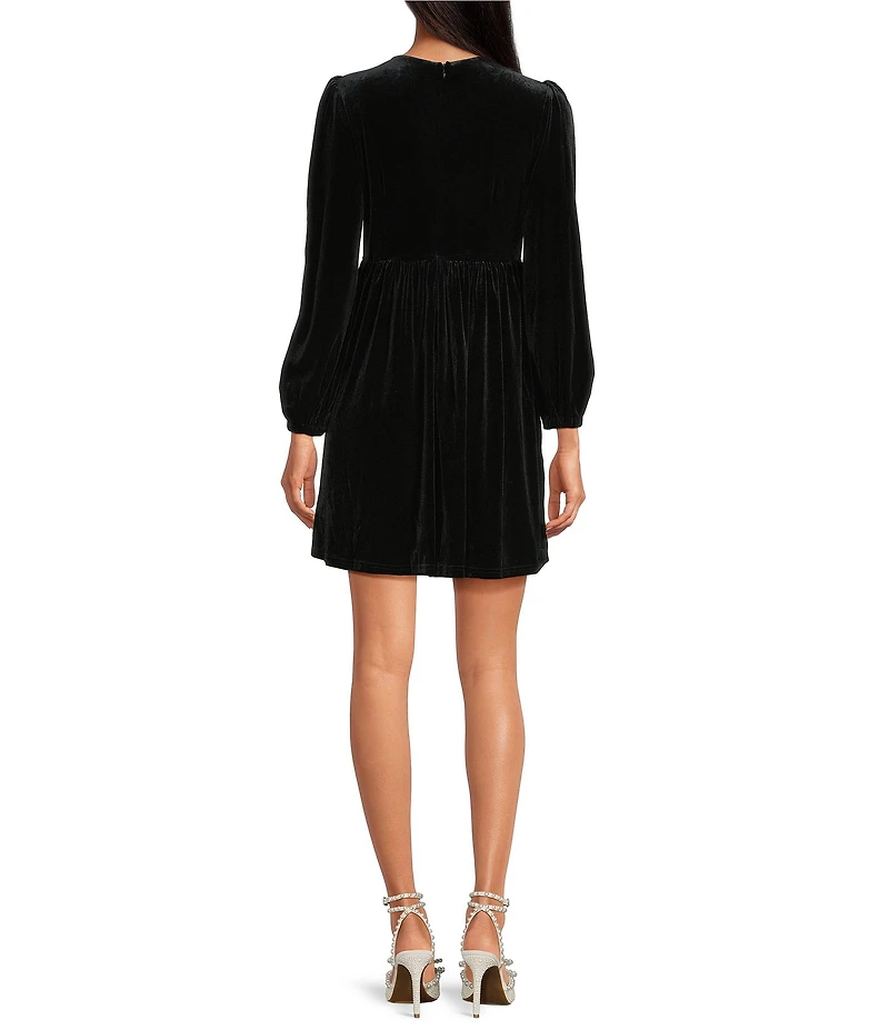 Sugarlips Glow Bow Pearl Crew Neck Long Sleeve Velvet Mini Dress