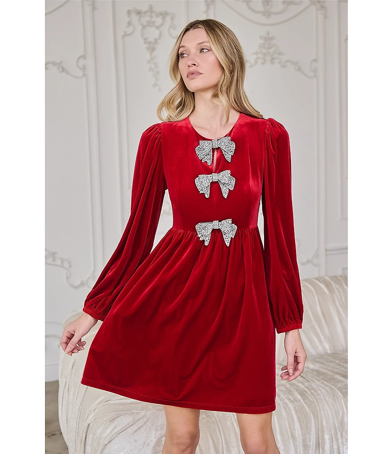 Sugarlips Glow Bow Velvet Crew Neck Long Sleeve Mini Dress