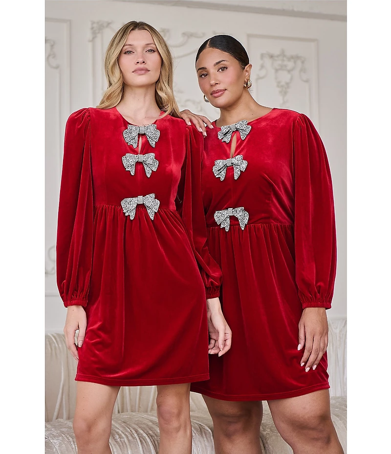 Sugarlips Glow Bow Velvet Crew Neck Long Sleeve Mini Dress