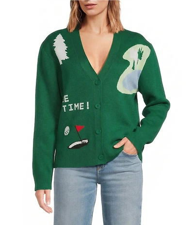 Sugarlips Golf Print V-Neck Long Sleeve Drop Shoulder Cardigan Sweater