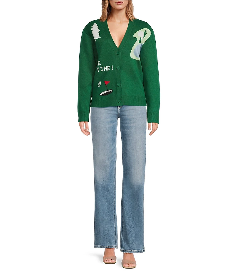 Sugarlips Golf Print V-Neck Long Sleeve Drop Shoulder Cardigan Sweater