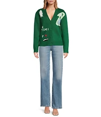 Sugarlips Golf Print V-Neck Long Sleeve Drop Shoulder Cardigan Sweater