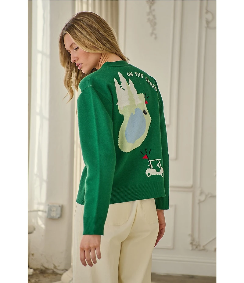 Sugarlips Golf Print V-Neck Long Sleeve Drop Shoulder Cardigan Sweater