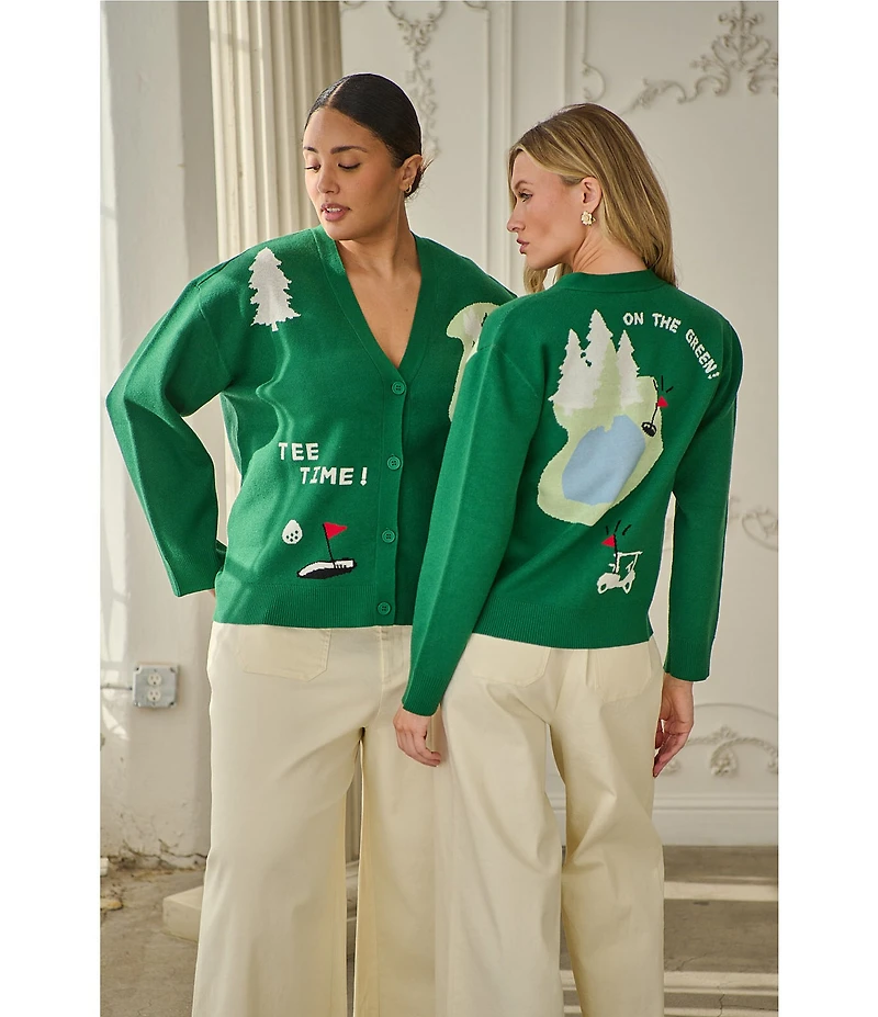 Sugarlips Golf Print V-Neck Long Sleeve Drop Shoulder Cardigan Sweater