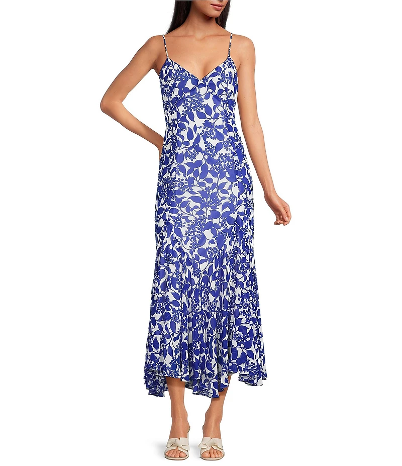 Sugarlips Hagny Pleated Floral Print V-Neck Sleeveless Chiffon Midi Dress
