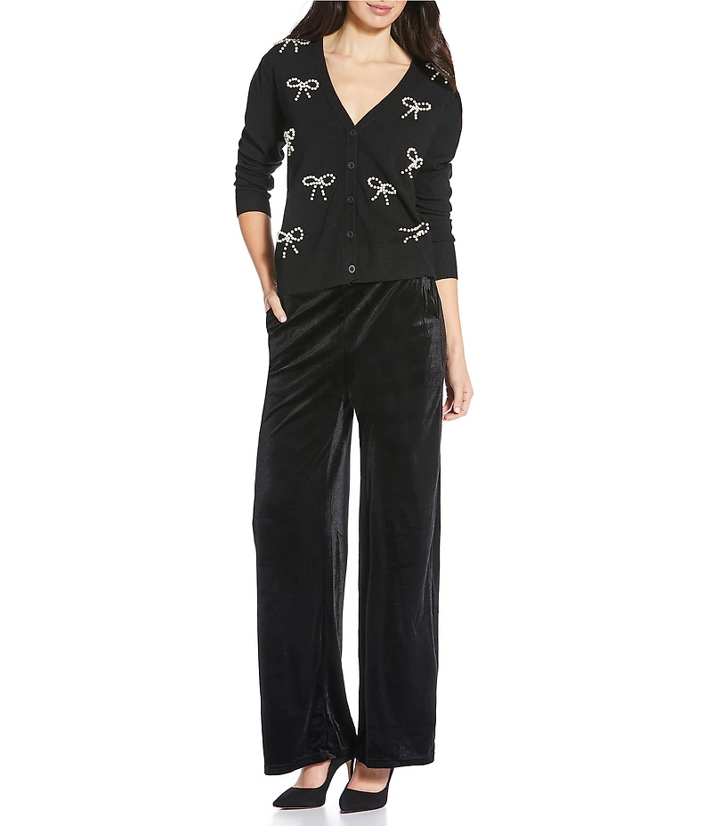 Sugarlips Jaina Pearl Bow V-Neck Long Sleeve Cardigan