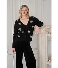 Sugarlips Jaina Pearl Bow V-Neck Long Sleeve Cardigan