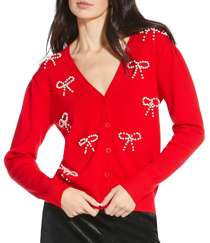 Sugarlips Jaina Pearl Bow V-Neck Long Sleeve Cardigan