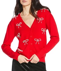 Sugarlips Jaina Pearl Bow V-Neck Long Sleeve Cardigan