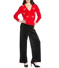 Sugarlips Jaina Pearl Bow V-Neck Long Sleeve Cardigan