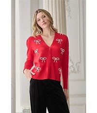 Sugarlips Jaina Pearl Bow V-Neck Long Sleeve Cardigan