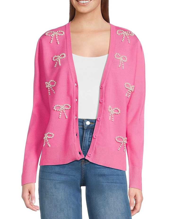 Sugarlips Jaina Pearl Bow V-Neck Long Sleeve Cardigan