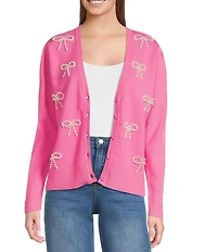 Sugarlips Jaina Pearl Bow V-Neck Long Sleeve Cardigan