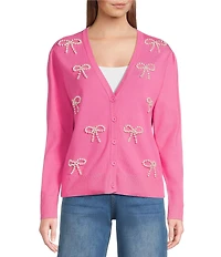 Sugarlips Jaina Pearl Bow V-Neck Long Sleeve Cardigan