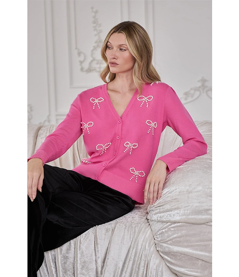 Sugarlips Jaina Pearl Bow V-Neck Long Sleeve Cardigan