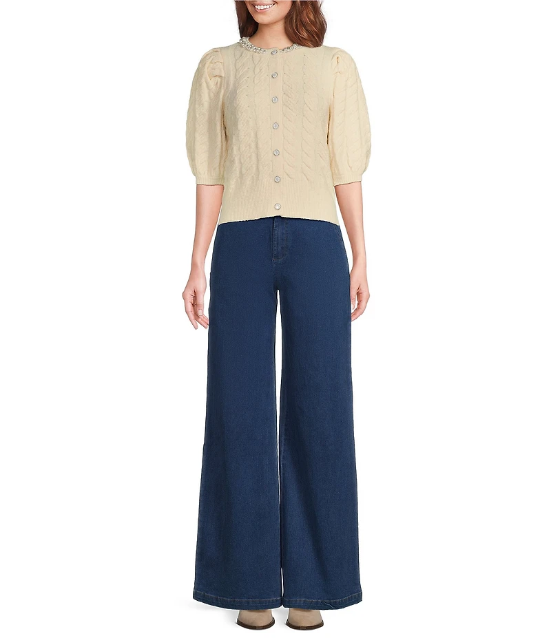 Sugarlips Jamari Pearl Trim Cable Knit Crew Neck Short Sleeve Button Front Cropped Cardigan