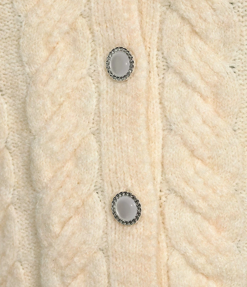 Sugarlips Jamari Pearl Trim Cable Knit Crew Neck Short Sleeve Button Front Cropped Cardigan