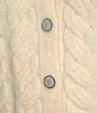 Sugarlips Jamari Pearl Trim Cable Knit Crew Neck Short Sleeve Button Front Cropped Cardigan