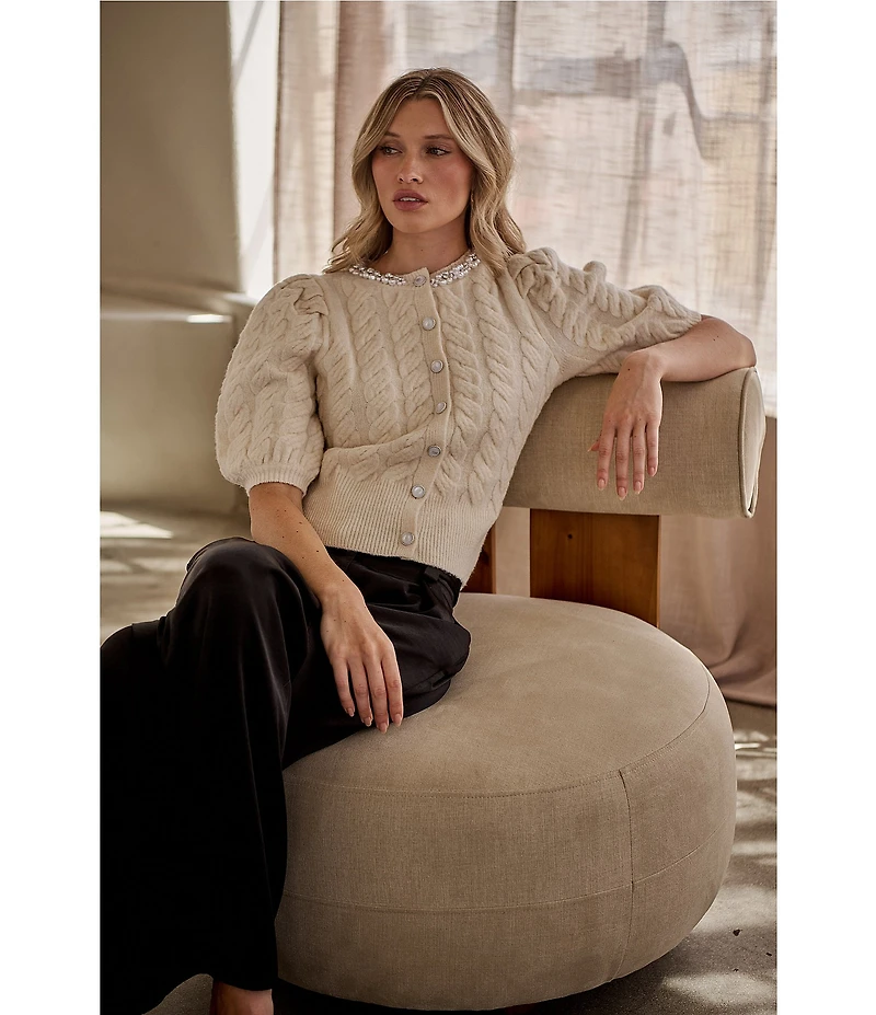 Sugarlips Jamari Pearl Trim Cable Knit Crew Neck Short Sleeve Button Front Cropped Cardigan