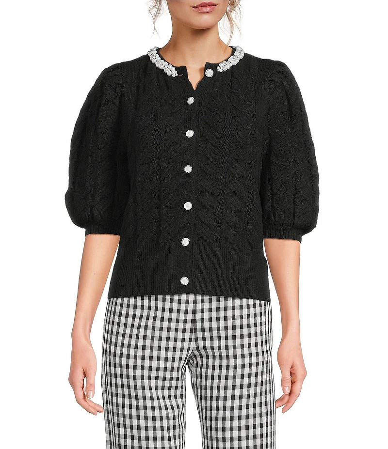 Sugarlips Jamari Pearl Trim Cable Knit Crew Neck Short Sleeve Button Front Cropped Cardigan