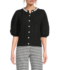 Sugarlips Jamari Pearl Trim Cable Knit Crew Neck Short Sleeve Button Front Cropped Cardigan