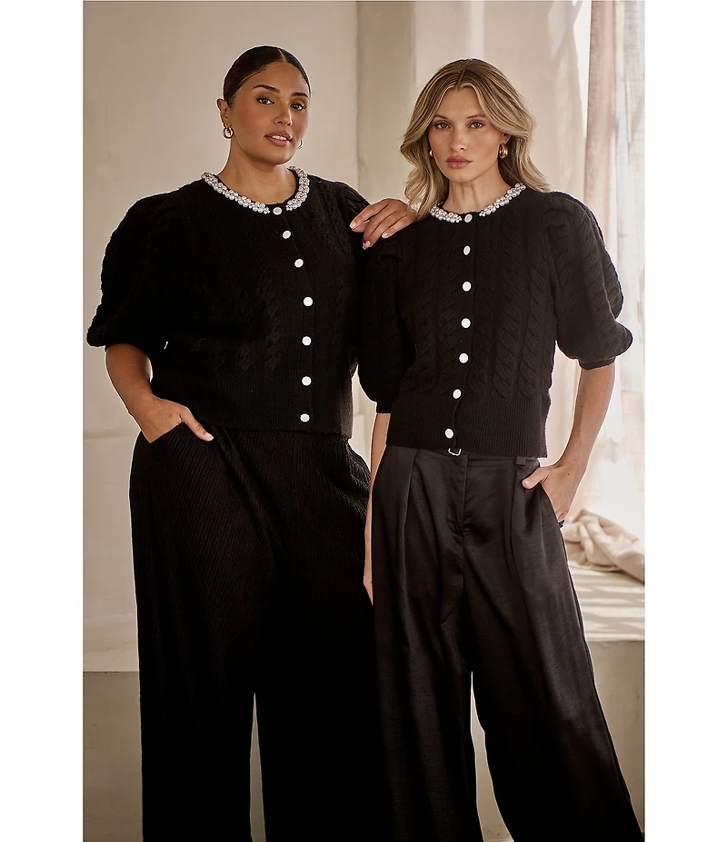 Sugarlips Jamari Pearl Trim Cable Knit Crew Neck Short Sleeve Button Front Cropped Cardigan