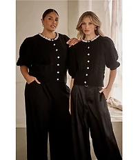 Sugarlips Jamari Pearl Trim Cable Knit Crew Neck Short Sleeve Button Front Cropped Cardigan