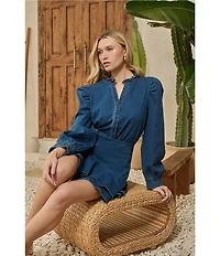 Sugarlips Jamie Stretch Denim Ruffle Split Neck Puff Sleeve Button Front Coordinating Shirt