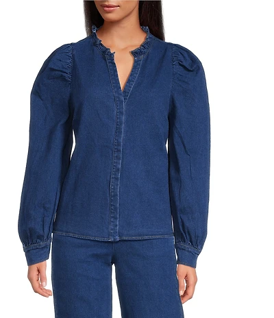 Sugarlips Jamie Stretch Denim Ruffle Split Neck Puff Sleeve Button Front Coordinating Shirt