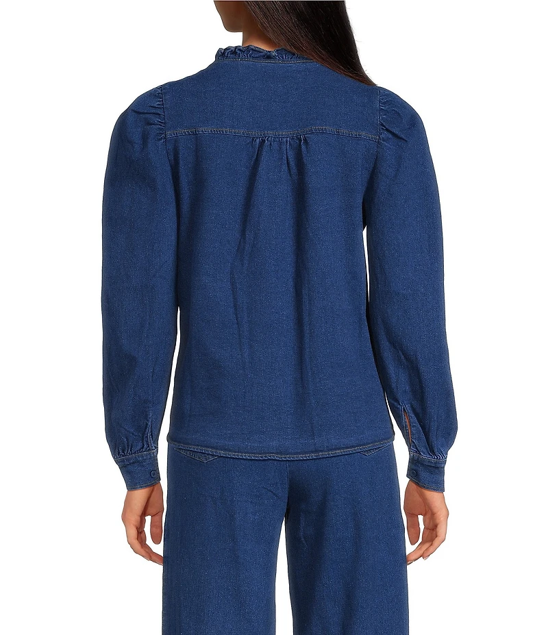 Sugarlips Jamie Stretch Denim Ruffle Split Neck Puff Sleeve Button Front Coordinating Shirt