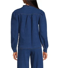 Sugarlips Jamie Stretch Denim Ruffle Split Neck Puff Sleeve Button Front Coordinating Shirt