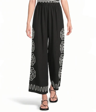 Sugarlips Jaren Floral Embroidered High Rise Wide Leg Coordinating Linen Pants