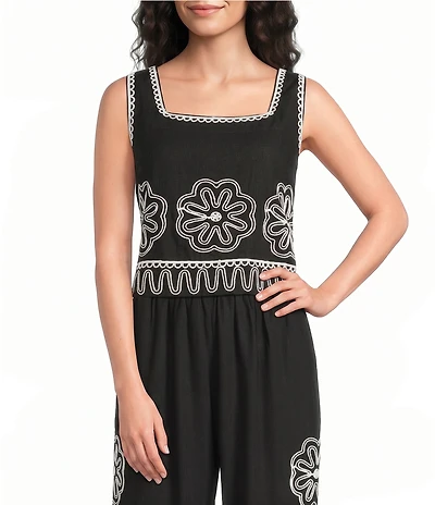 Sugarlips Jaren Floral Embroidered Square Neck Sleeveless Coordinating Linen Top
