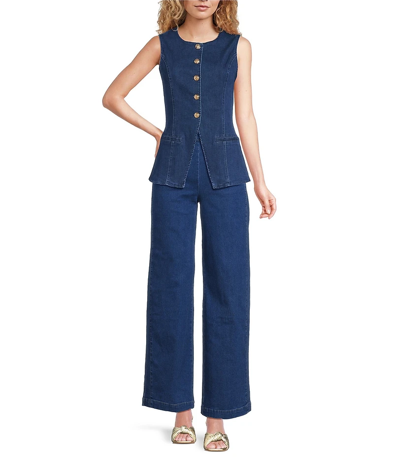 Sugarlips Jeanie Stretch Denim V-Neck Sleeveless Button Front Vest