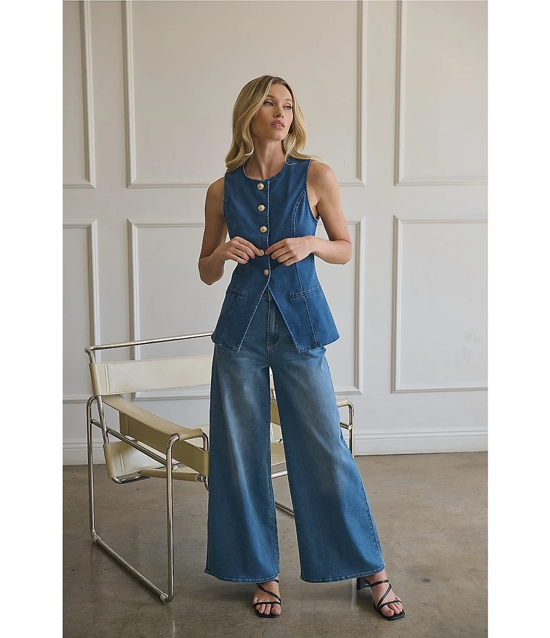 Sugarlips Jeanie Stretch Denim V-Neck Sleeveless Button Front Vest