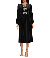 Sugarlips Jena Glow Velvet Crew Neck Long Sleeve Rhinestone Bow Midi Dress